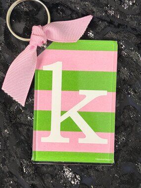💜3/$12✨ y2k Monogrammed "k" Pink and Green Striped Acrylic Keychain Preppy Chic